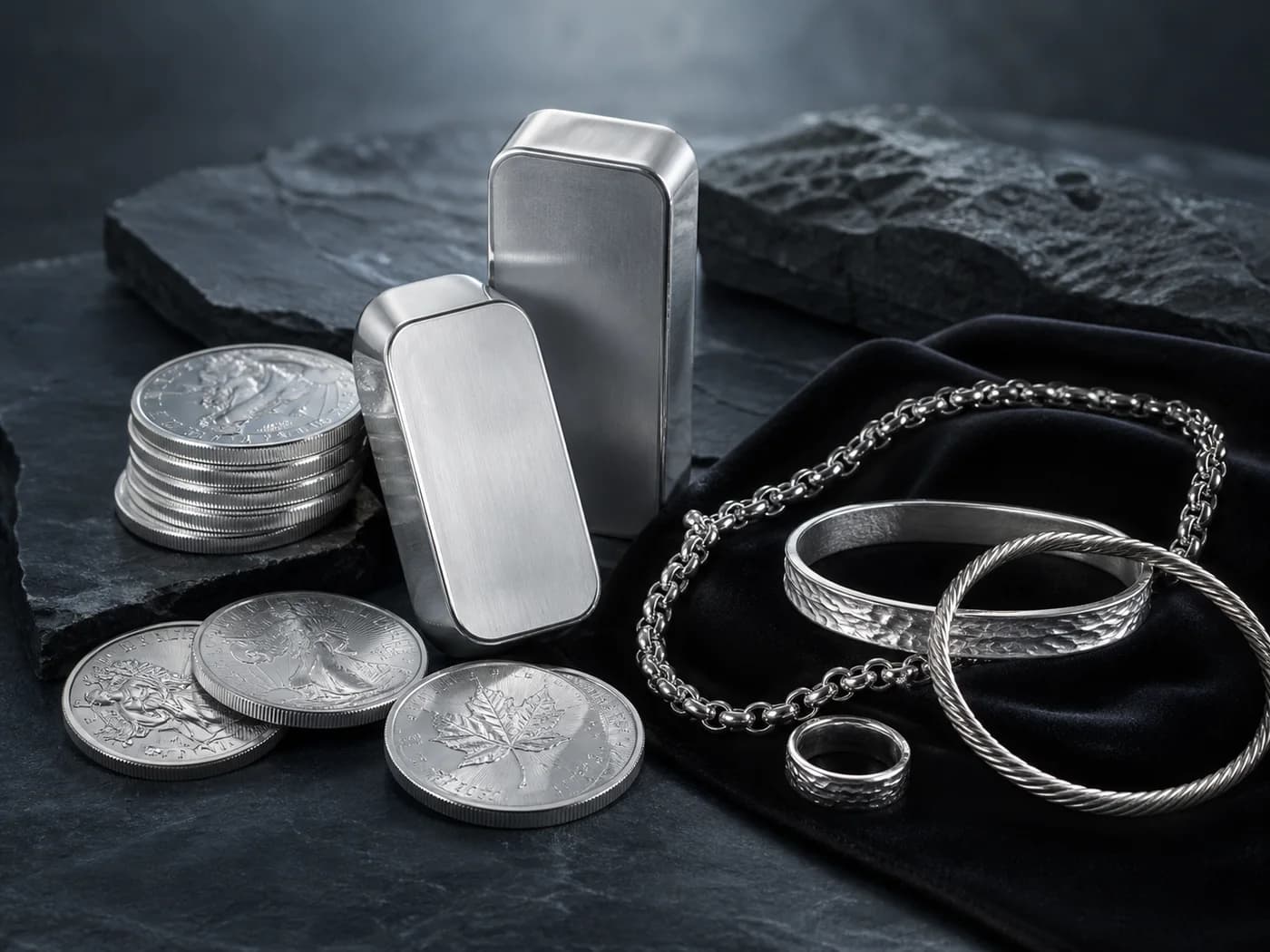Silver bars, coins, and jewellery