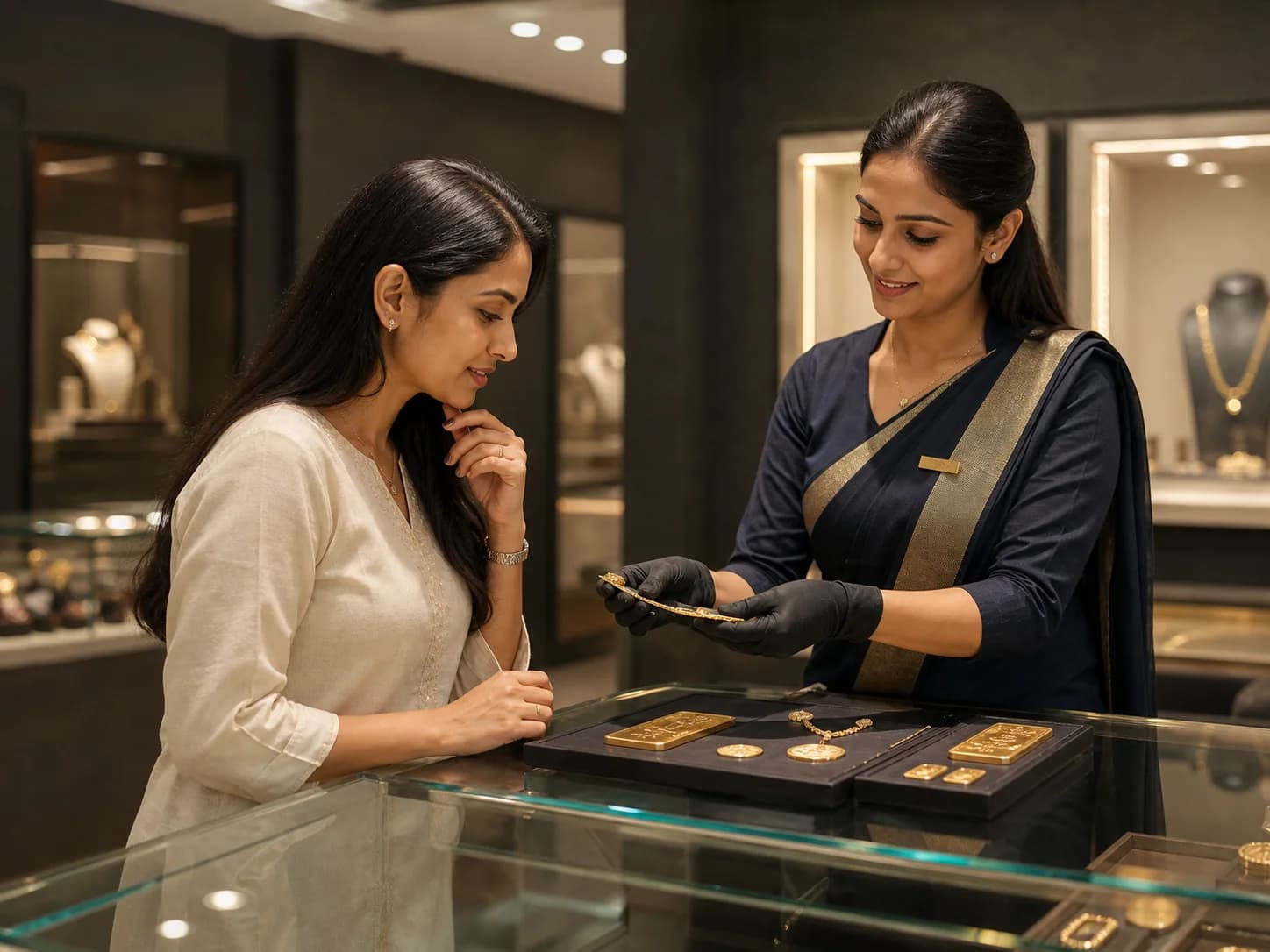 Customer choosing gold with guidance from an Aryan Gold specialist