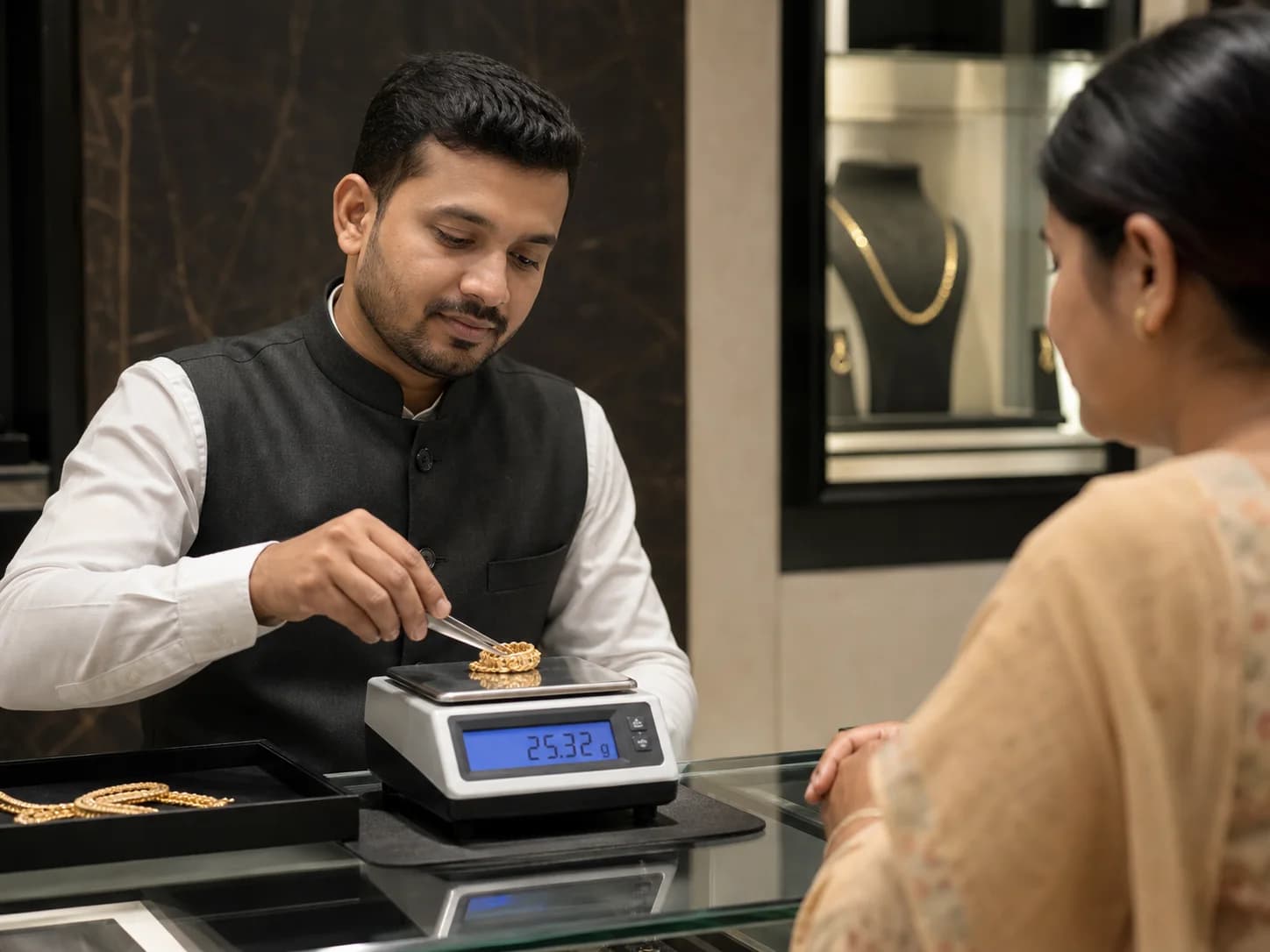 Aryan Gold specialist weighing a customer's gold on a precision scale